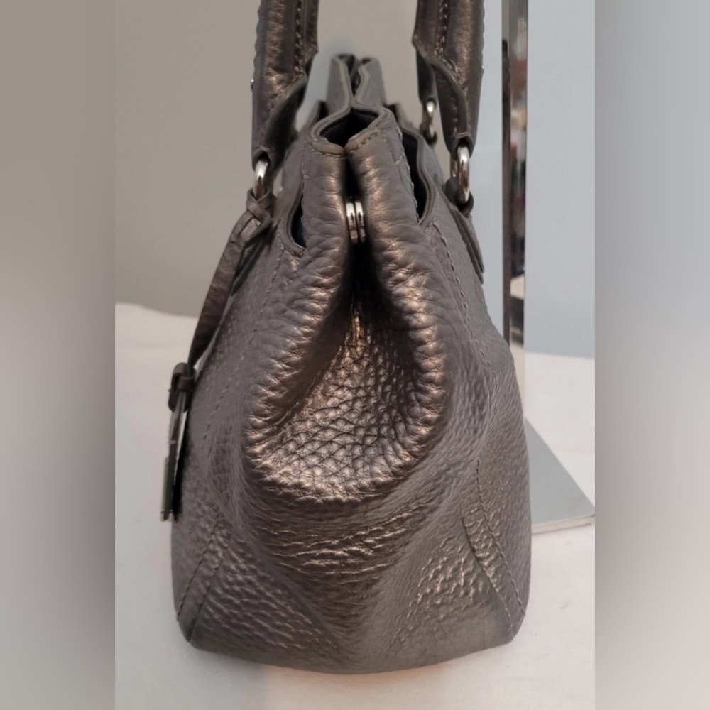 Cole Haan Metallic Silver Tote Shoulder Bag Pebbled Leather 3 Compartments - Picture 4 of 16